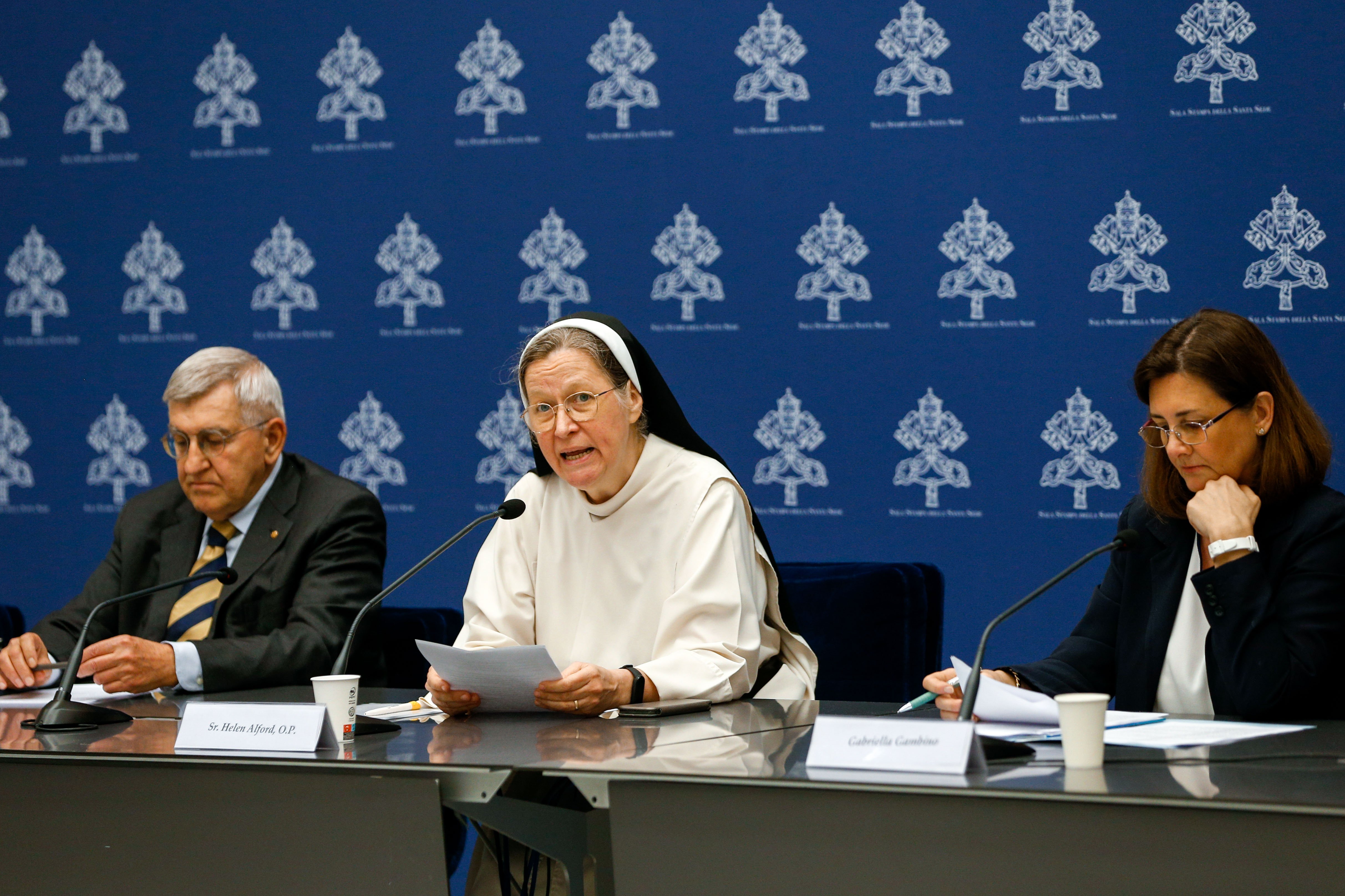 Dominican Sister Helen Alford speaks at news conference
